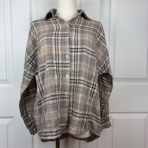 Fashion star quality Neutral Plaid Button-Up flannel Shirt —Beige, White & Black